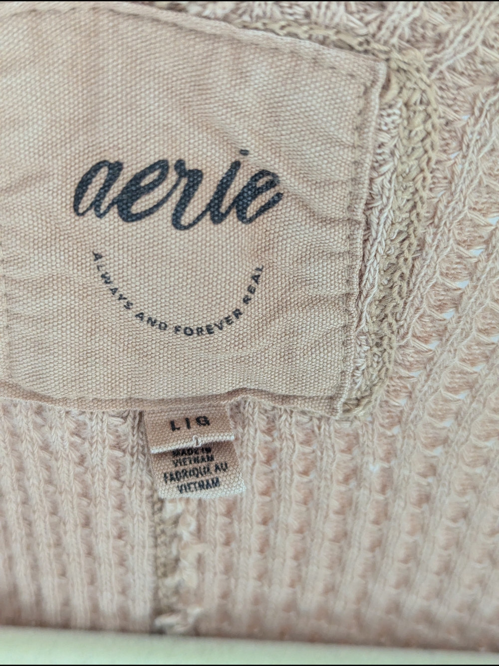 Aerie Waffle Knit Oversized Henley Sweater Tan Taupe Raw Hem Large Loungewear - Picture 3 of 8
